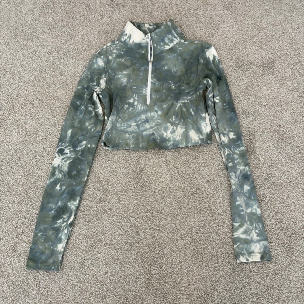 Gold Hinge Quarter Zip Pullover Womens S Green Gray Tie Dye Cropped Golf Preppy